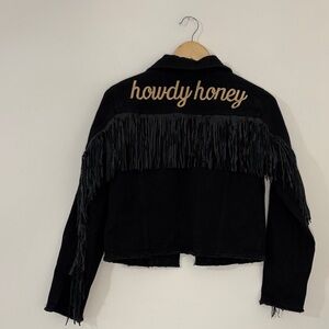 Black Fringe Jean Jacket with 'howdy honey' Script